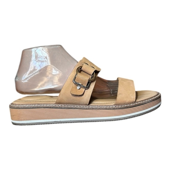 HUSH PUPPIES Malti Leather Sandal Slide sz 9.5M Tan Straps Open Toe Wedge Heel - Picture 3 of 9